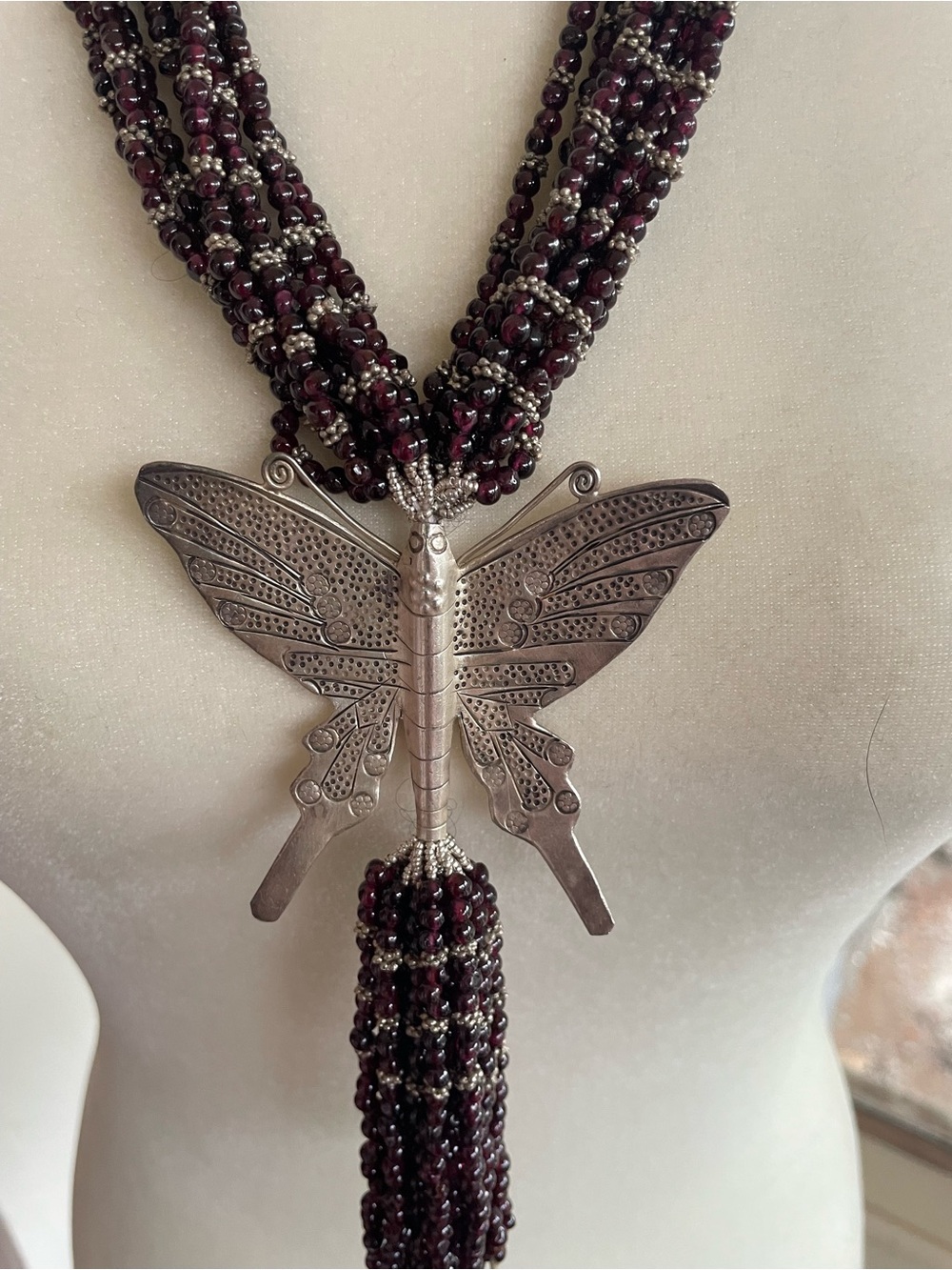 Silver Butterfly Garnet Beaded Tassel Necklace - Burgundy